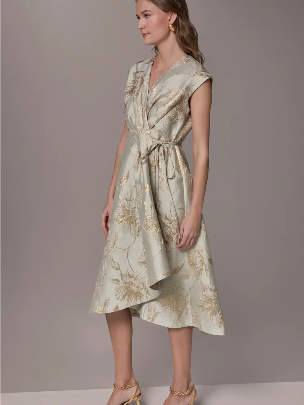 NWT Donna Karan Ivory Gold Floral Jacquard Wrap Midi Dress - Size 12 - Picture 9 of 12